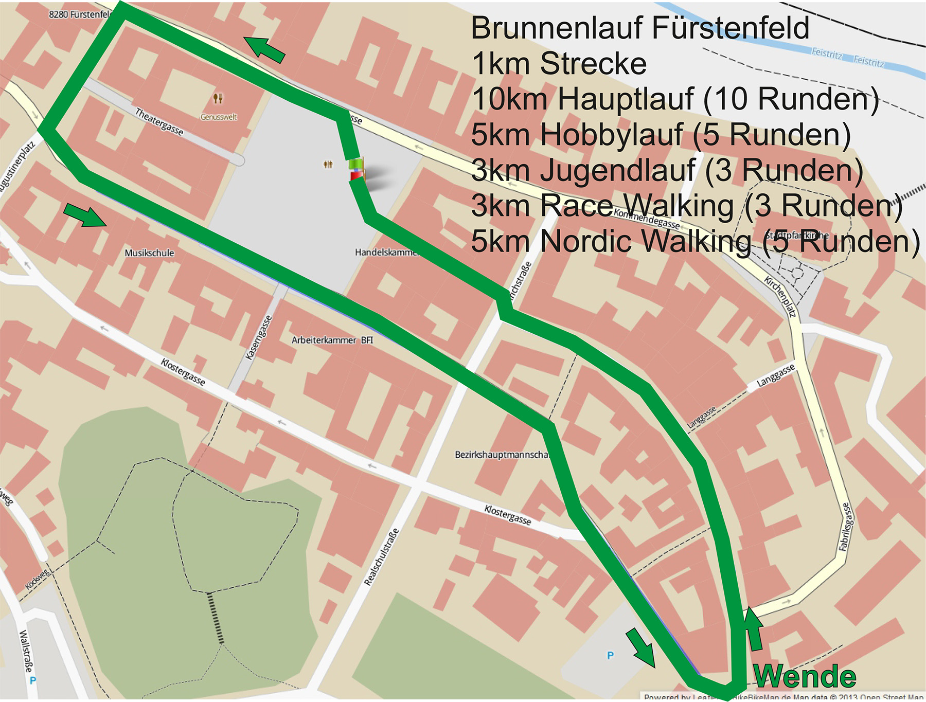 Brunnenlauf - Strecke für Hauptlauf, Volkslauf, Jugendlauf, Business-Staffel, Nordic Walking und Race Walking